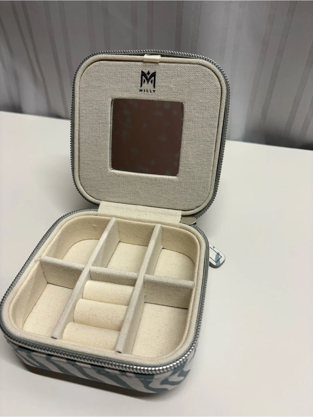 Square Zebra-Print Travel Jewelry Case in Light Teal & White